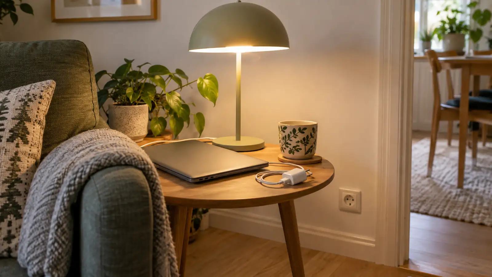 A reading lamp, closed laptop and coiled charging cable on a side table.