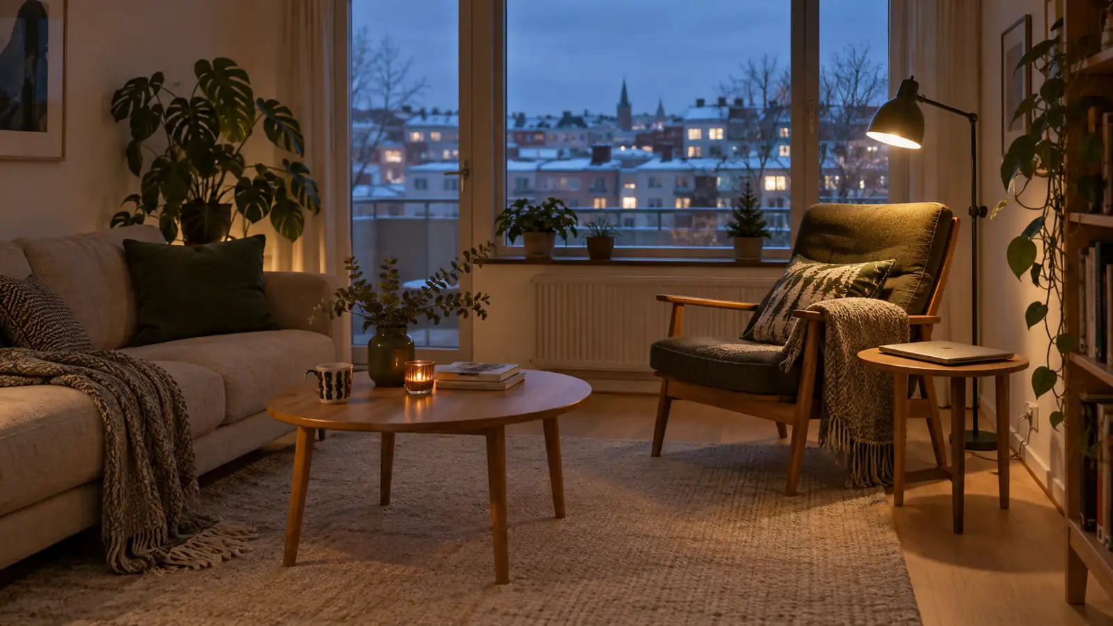 A warm reading lamp in an apartment living room at dusk.
