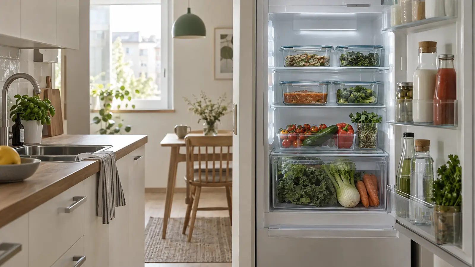 An open refrigerator with covered food containers and vegetables.