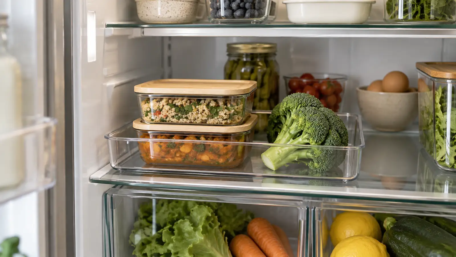 Covered leftover containers near the front of a refrigerator shelf.