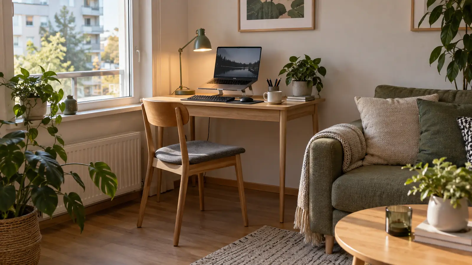 A compact desk with a raised laptop, keyboard and chair beside a living room.