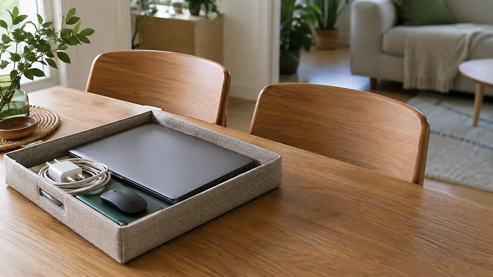 A closed laptop and work accessories gathered in a tray on a dining table.