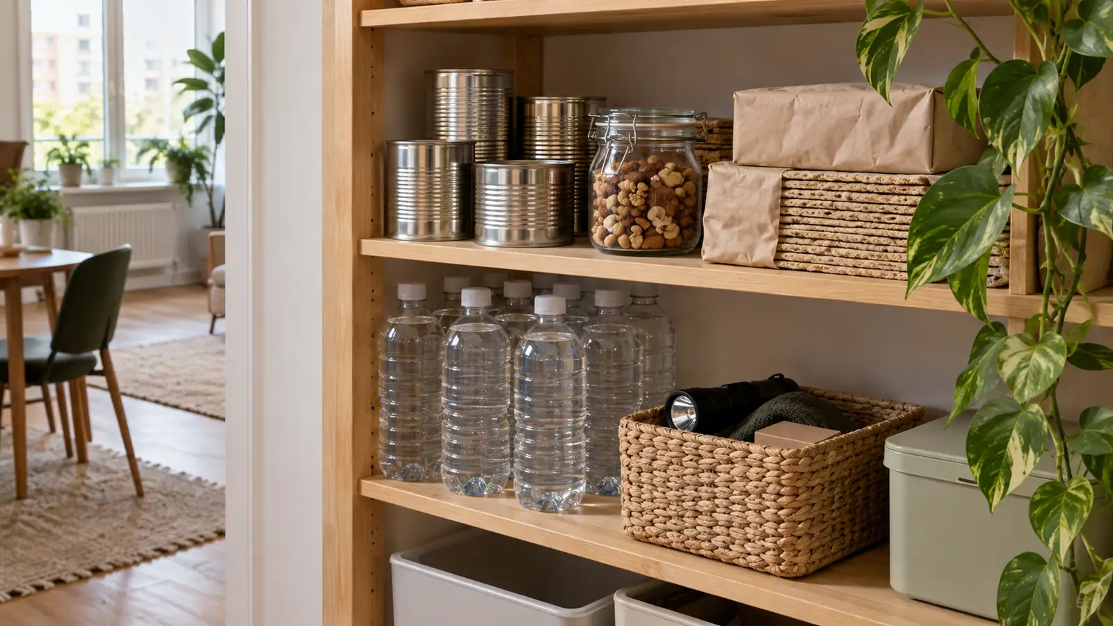 Bottled water, packaged food and a torch organised on cupboard shelves.