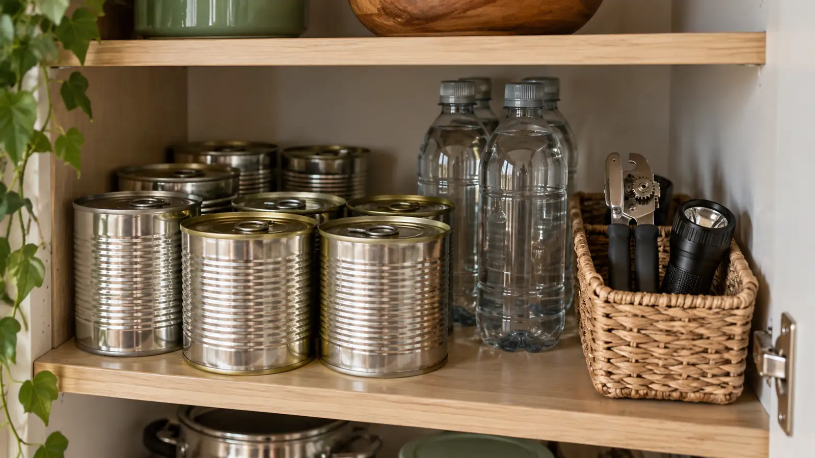 Food tins, bottled water and a separate basket of small household equipment.
