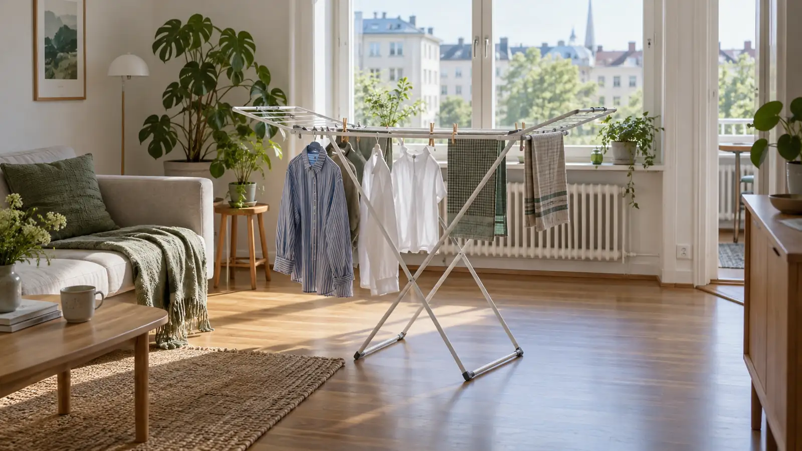 A drying rack with shirts and towels in an apartment living room.