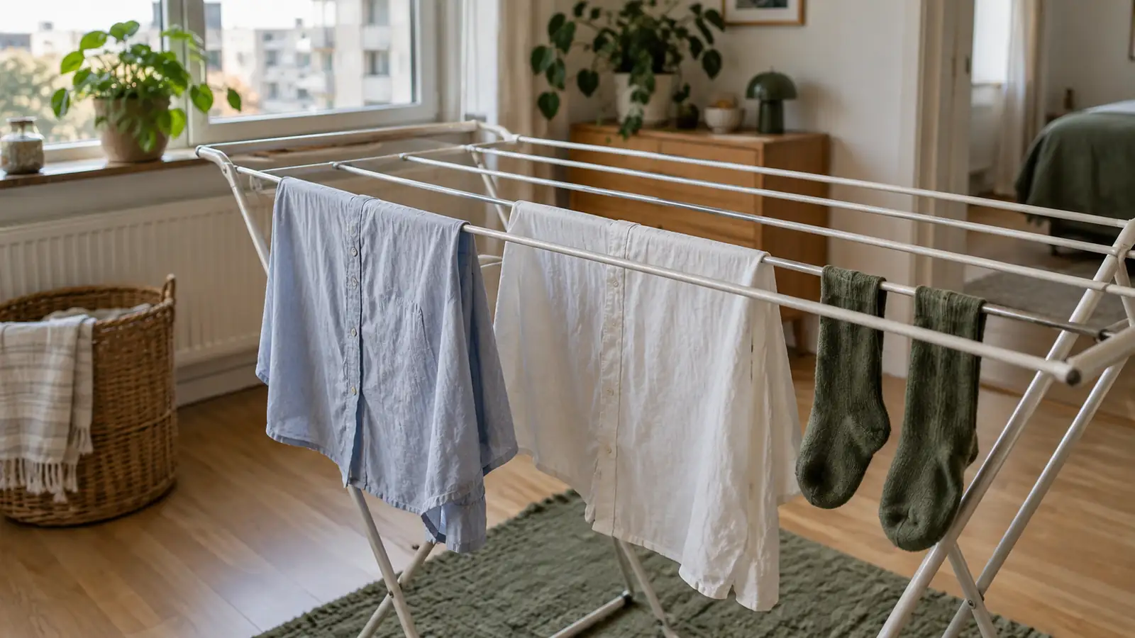 Two shirts and separate socks hanging with gaps on a drying rack.