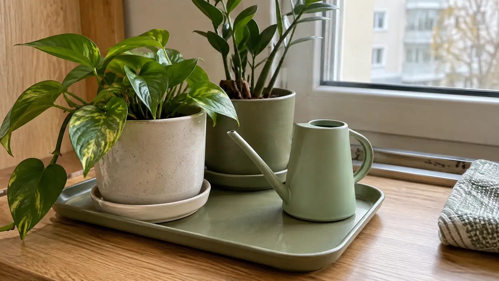 Plant pots with saucers and a small watering can on a tray.