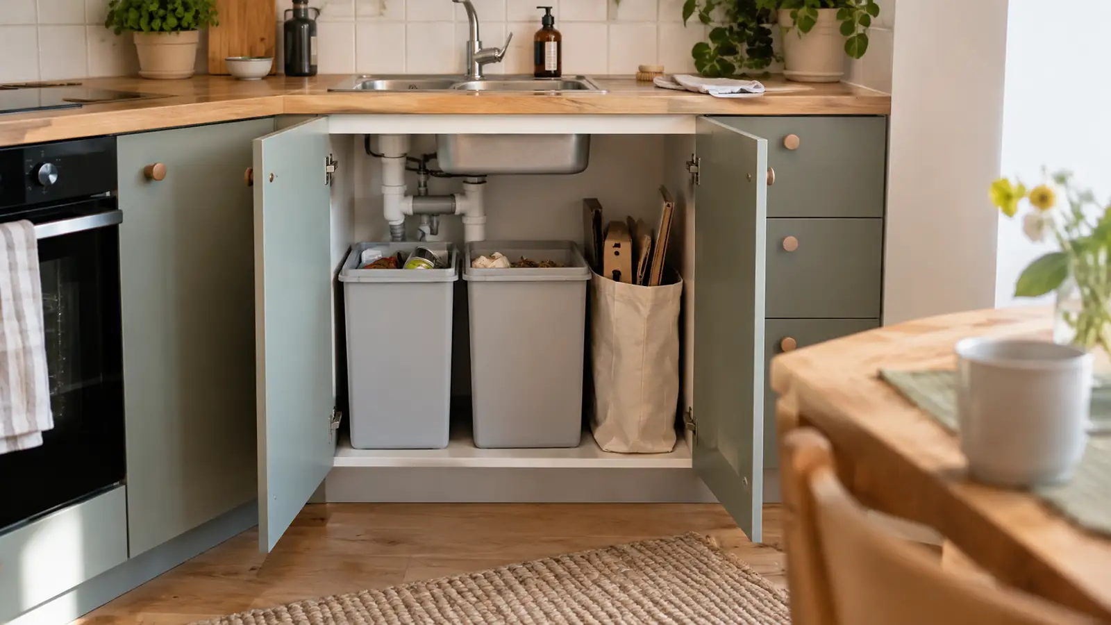 Separate waste bins and a carton bag beneath a kitchen sink.