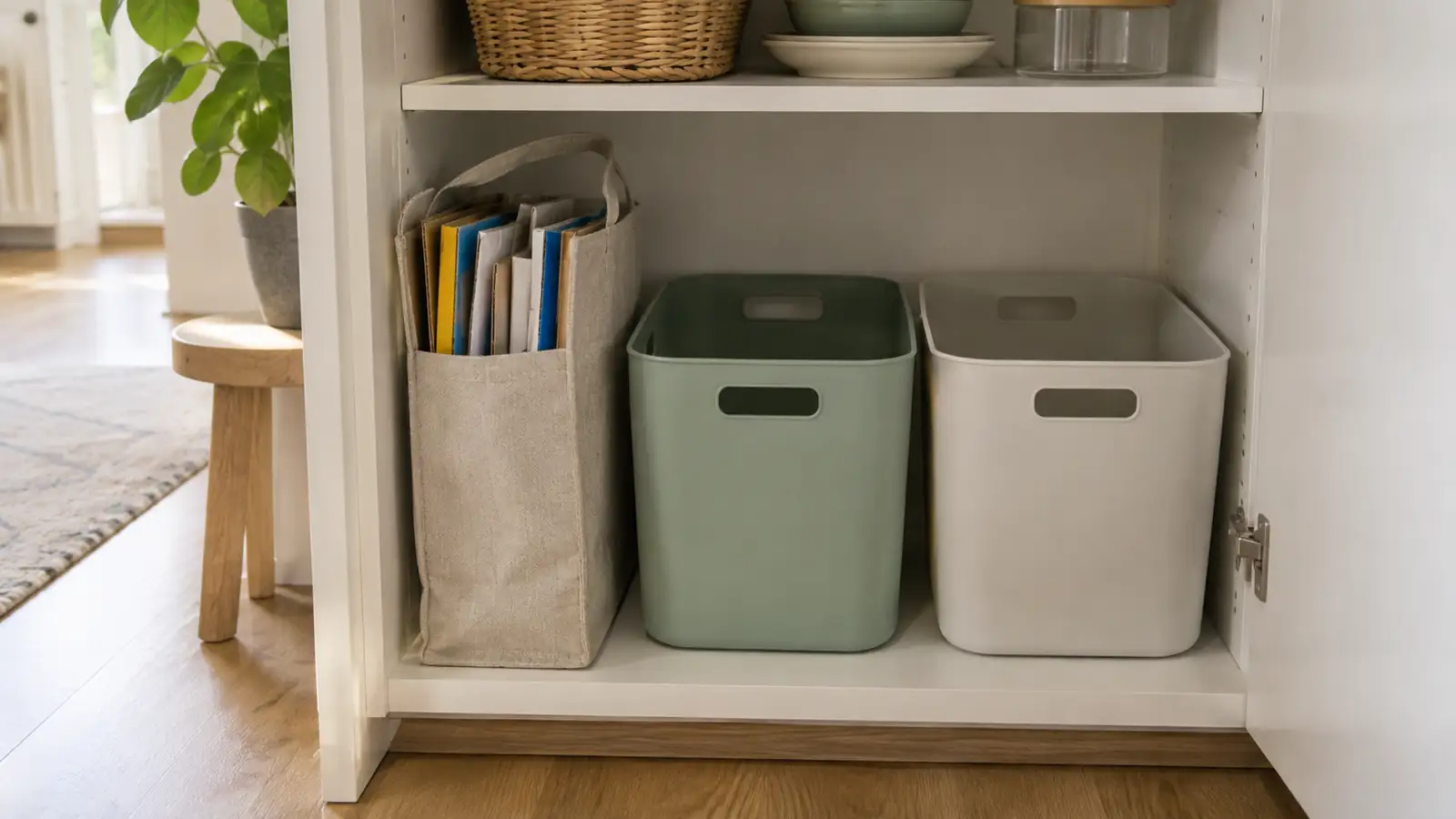 Flattened cartons beside compact sorting containers in a cupboard.