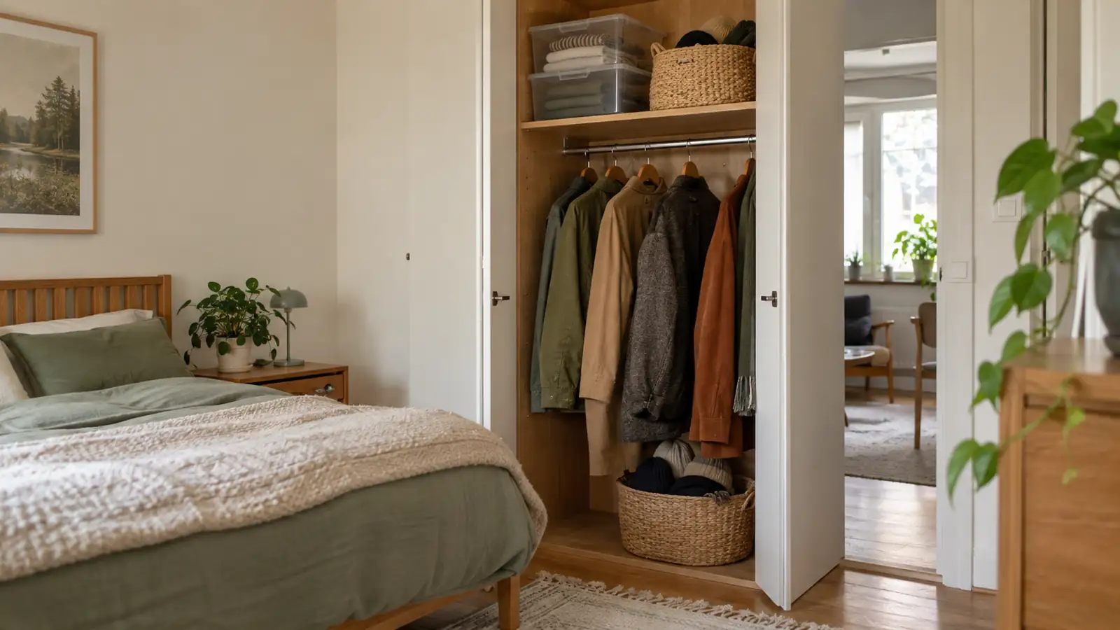 A narrow wardrobe with jackets, baskets and transparent storage boxes.