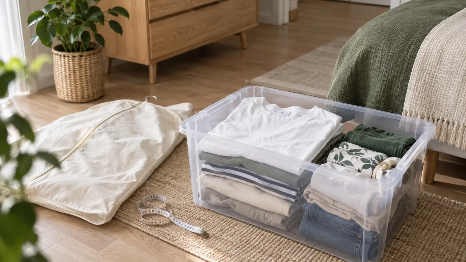 Folded summer clothes in an open box beside a fabric garment bag.