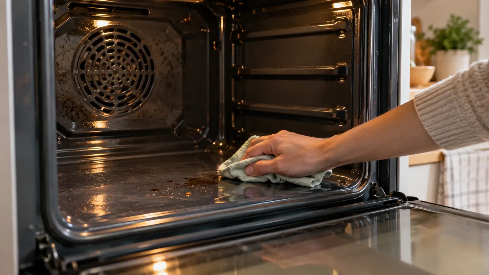 A hand wiping a small spill from the floor of an oven with its racks removed.