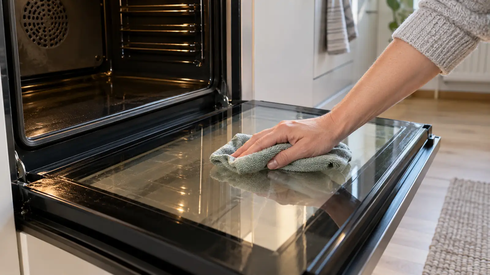 A soft cloth wiping the accessible glass of an open oven door.