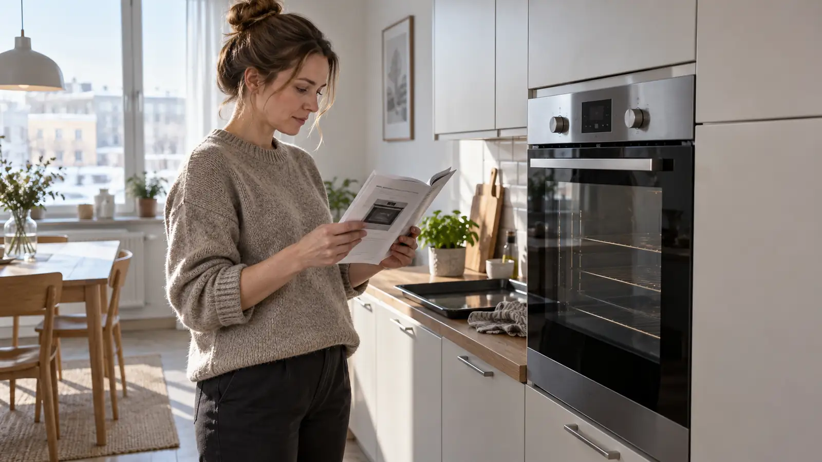 A resident reading an oven manual beside a closed kitchen oven.
