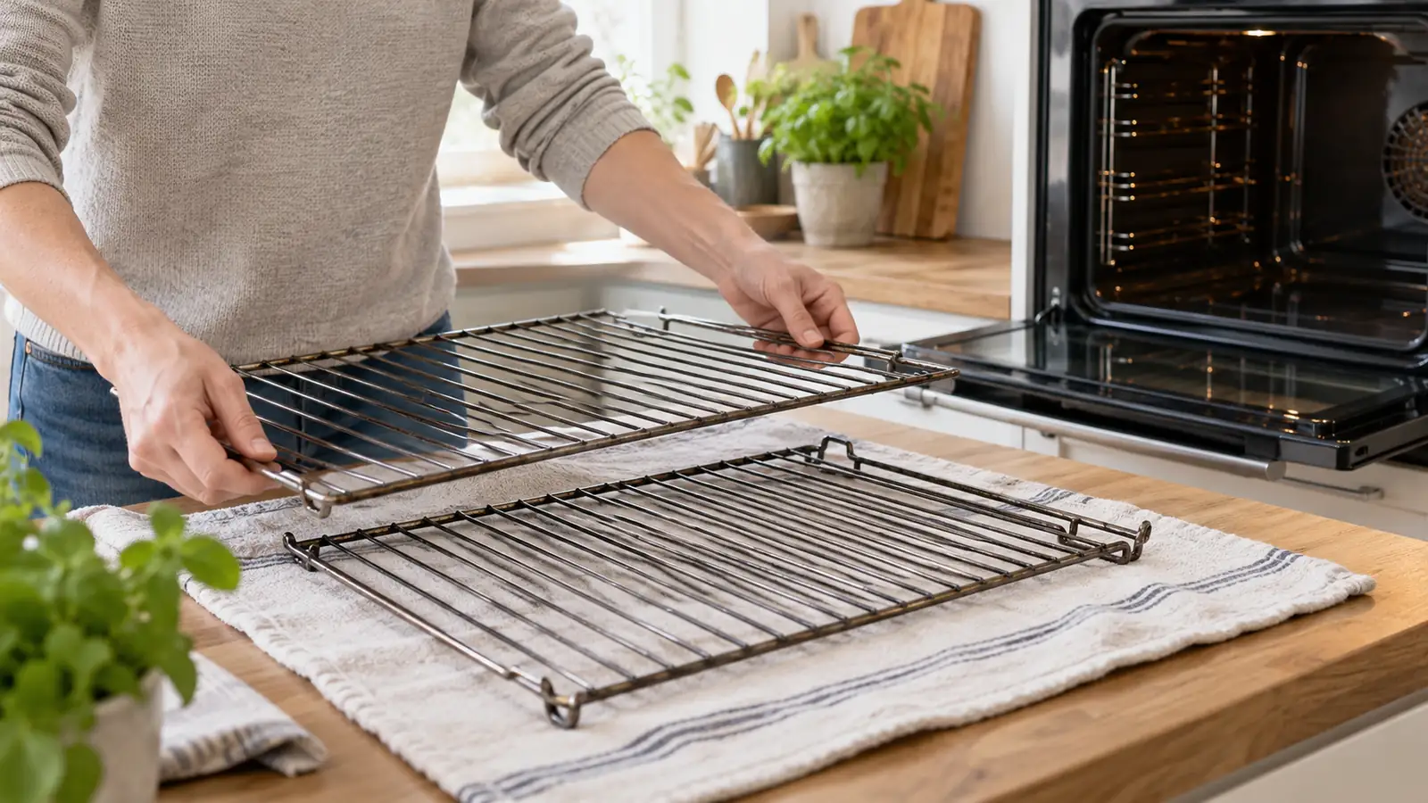 Oven racks laid on a towel beside an open oven.
