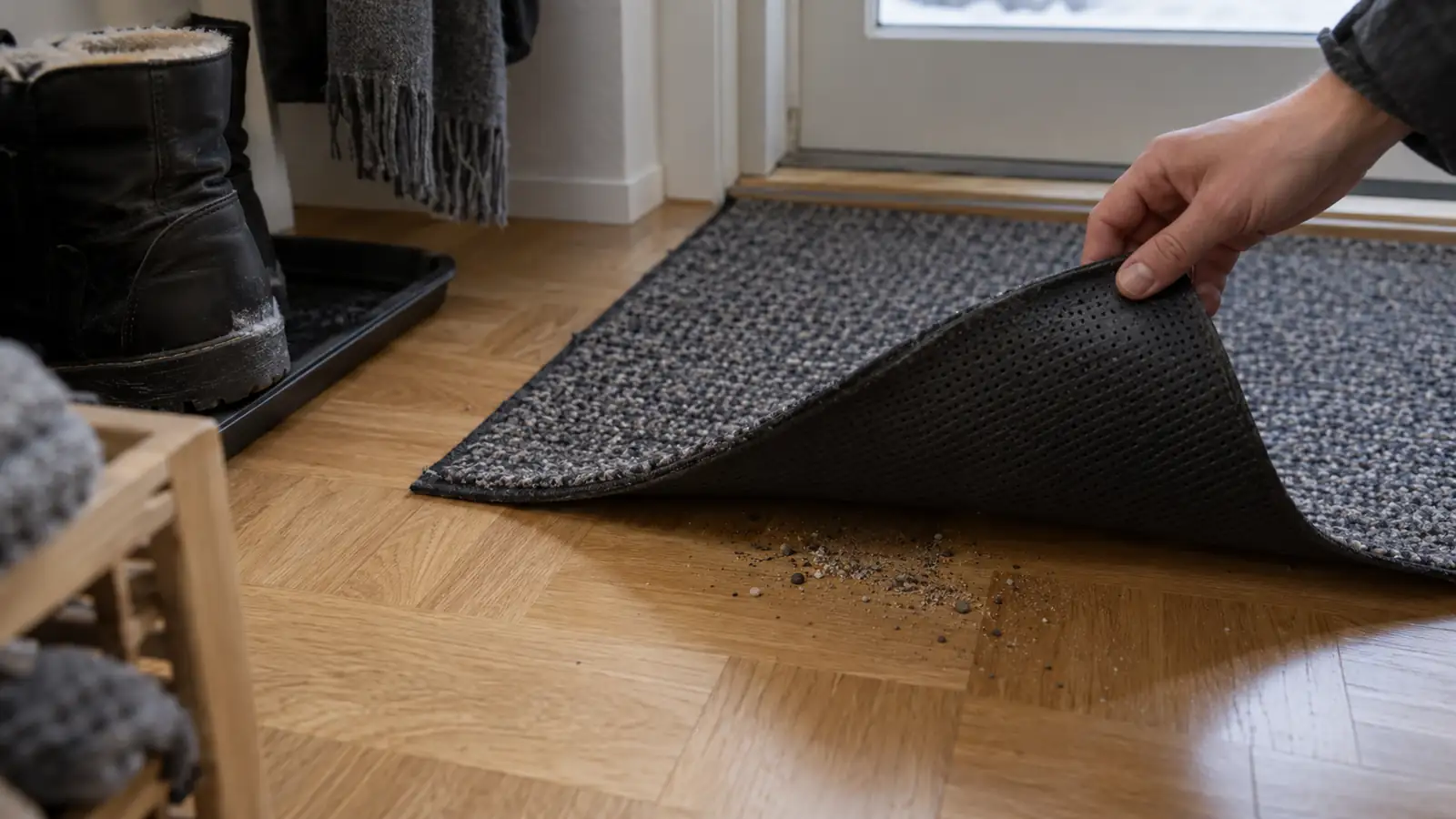 Dry grit revealed beneath a lifted entry mat on a wooden floor.