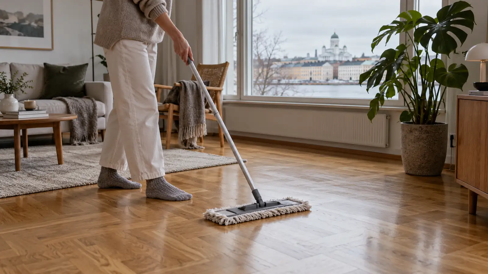 A resident cleaning a parquet floor with a soft floor mop.