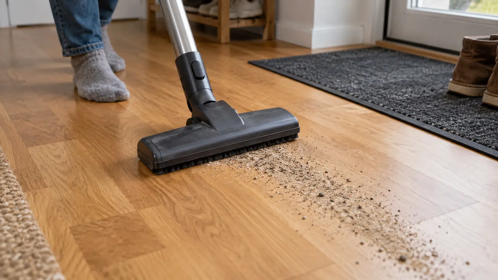 A soft vacuum head collecting grit from parquet beside an entry mat.