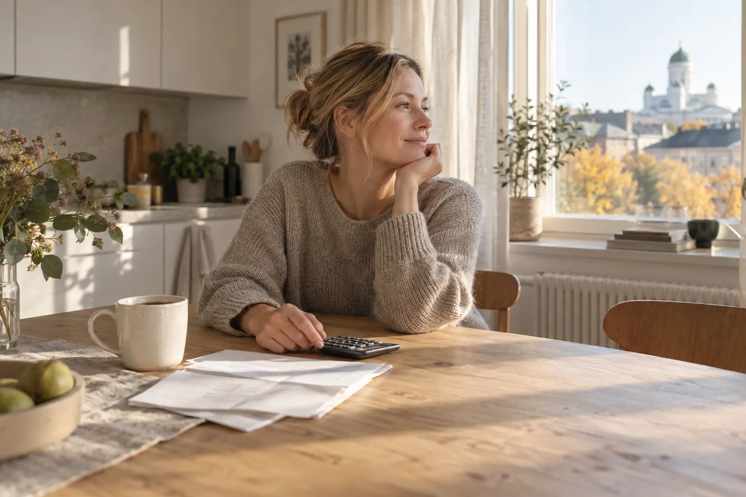 Coffee, a calculator and paperwork on a sunny Helsinki kitchen table.