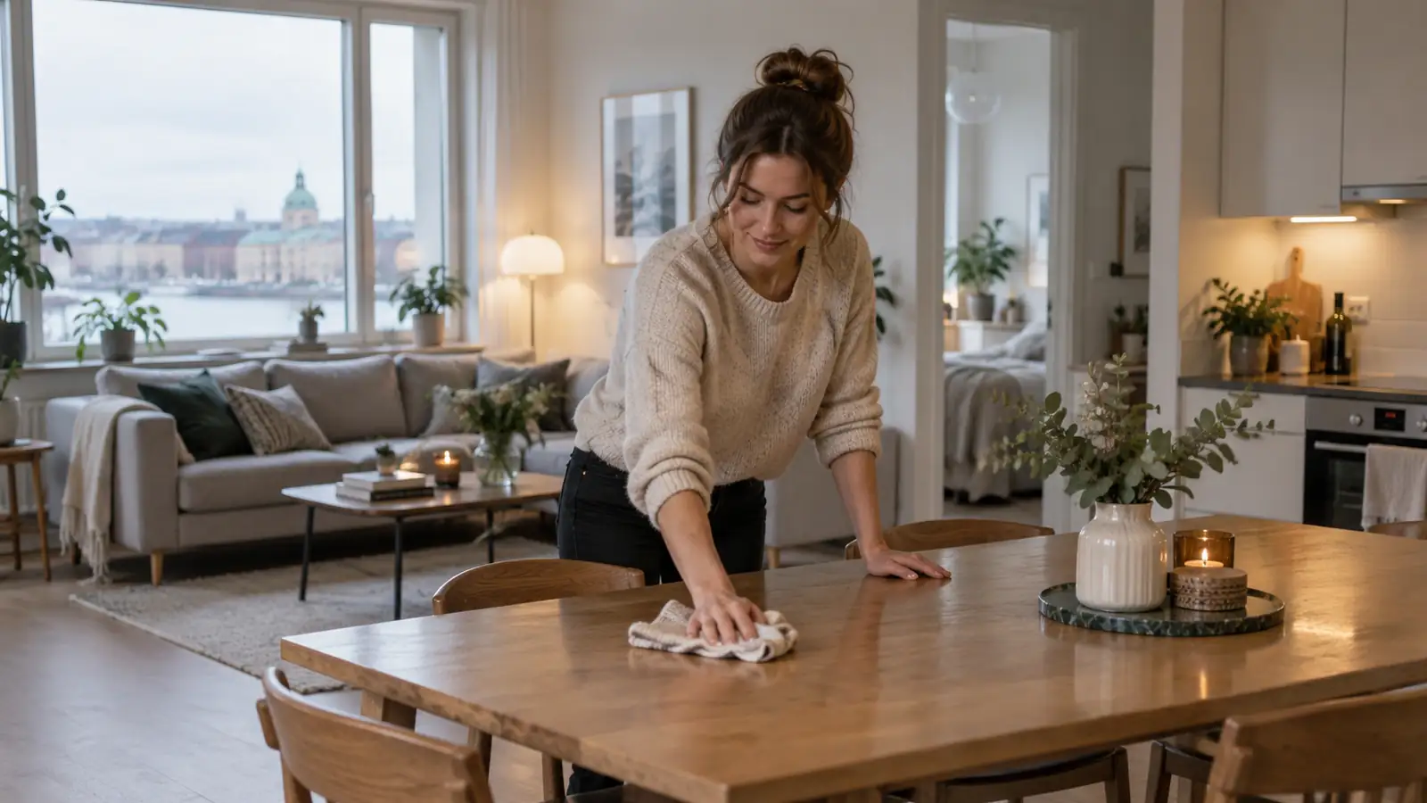 A resident wiping a dining table in a bright apartment.