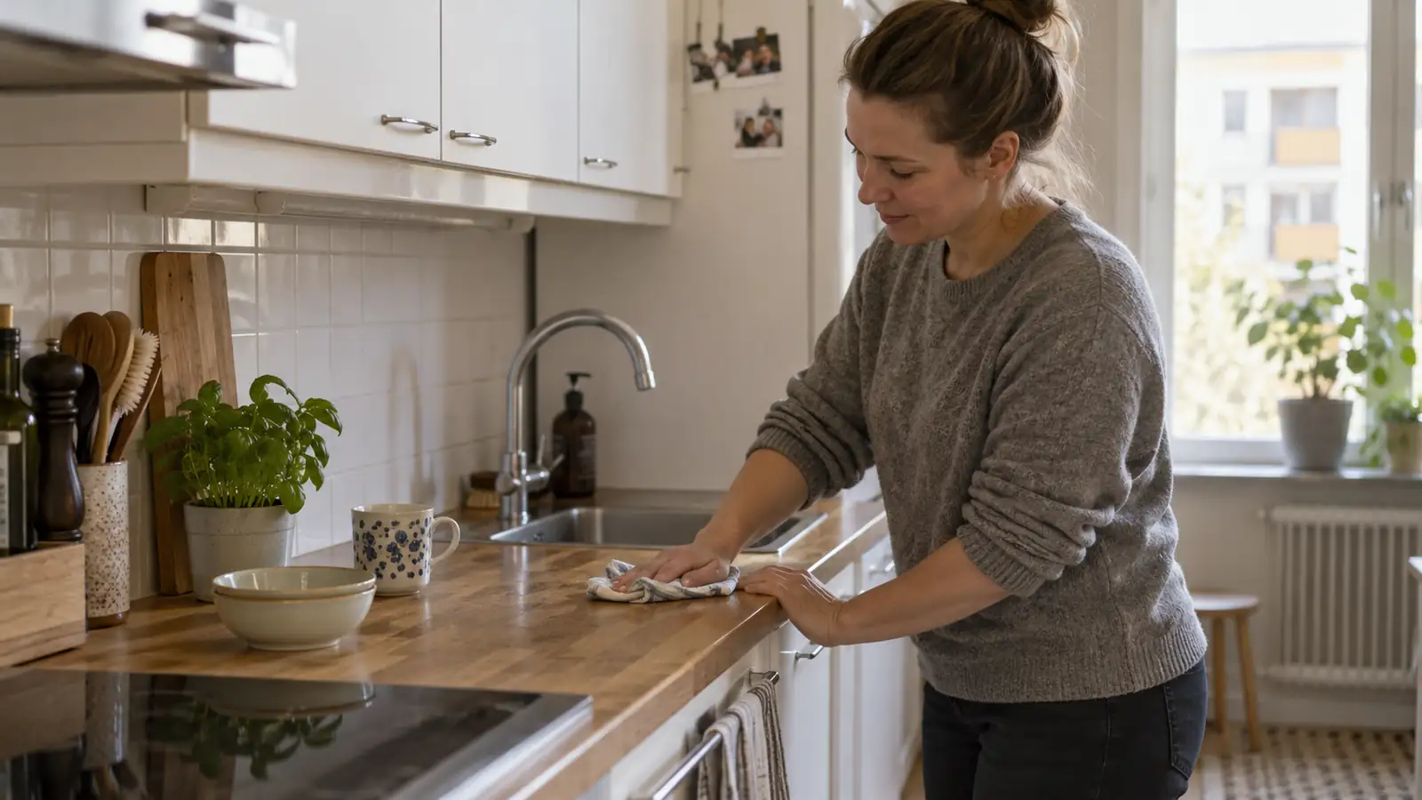 A resident wiping a kitchen worktop beside a sink.