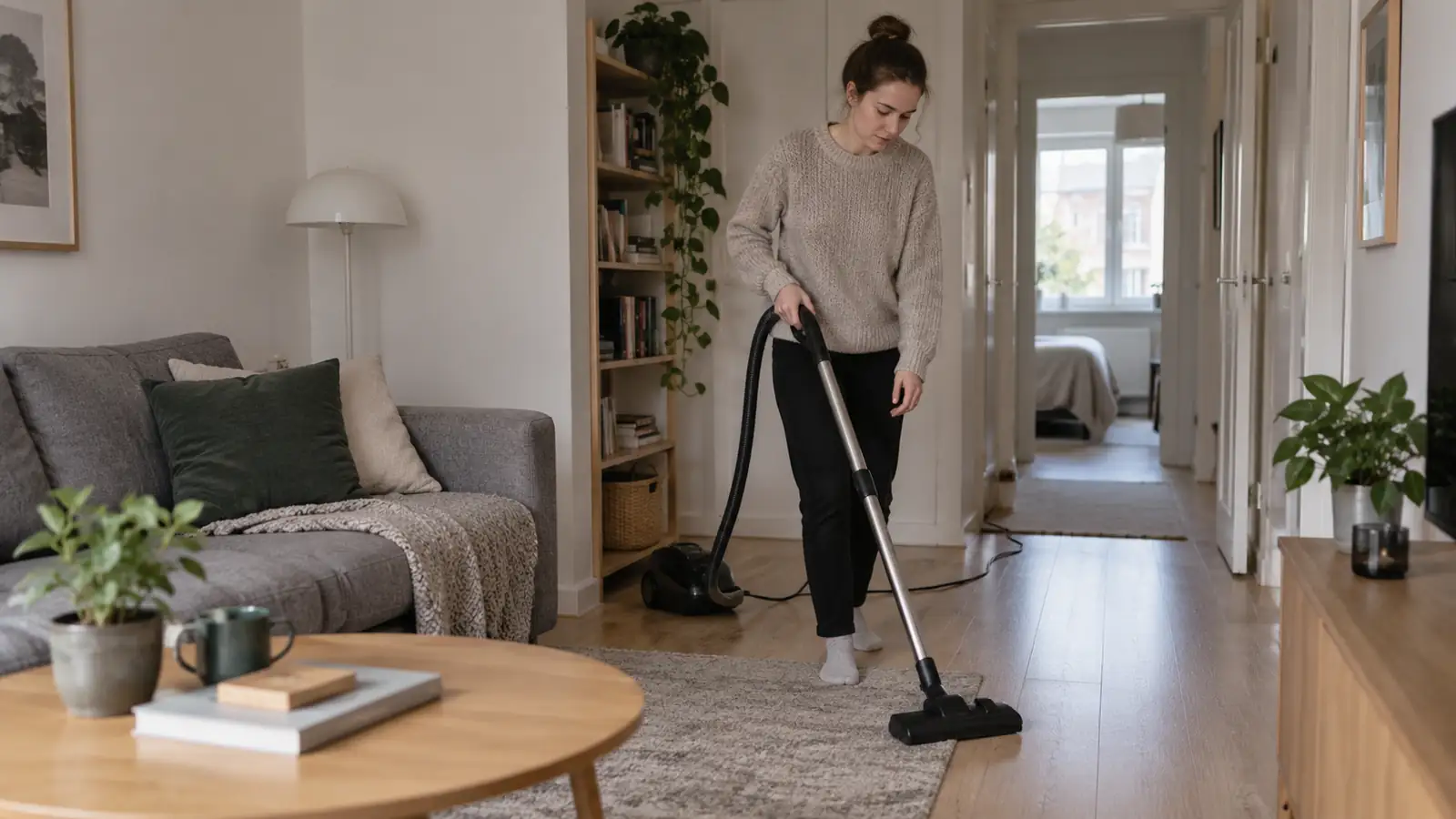 A resident vacuuming the walking path between a living room and hallway.