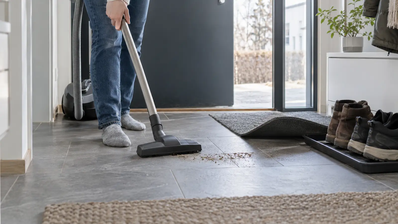 A vacuum picking dry street grit from an entrance floor.