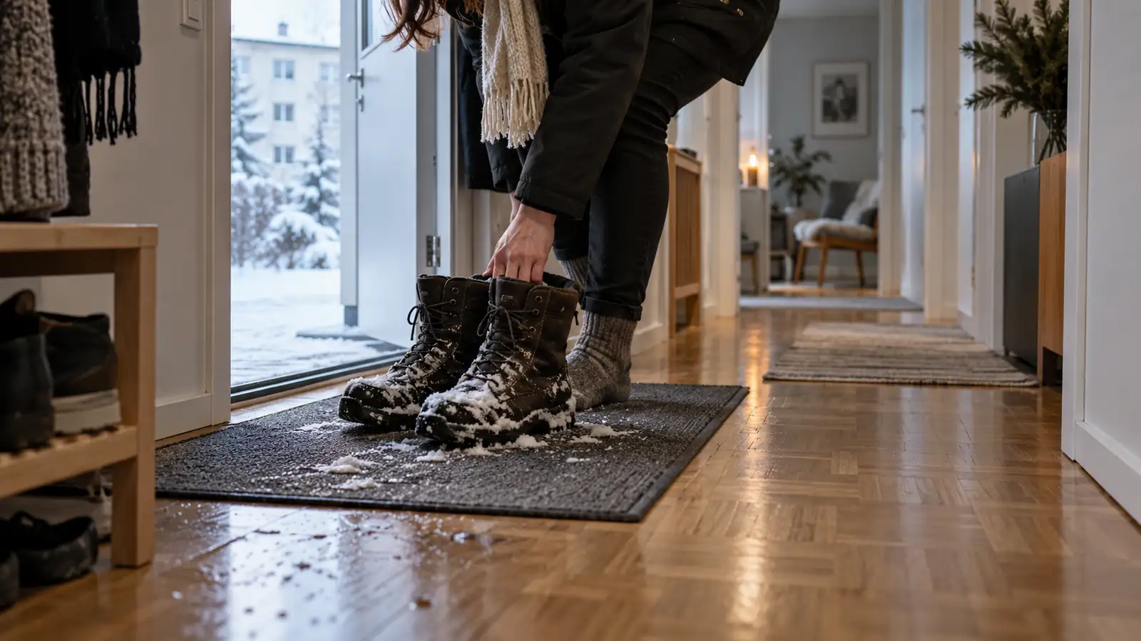 Snowy boots on an entrance mat beside a wooden hallway floor.
