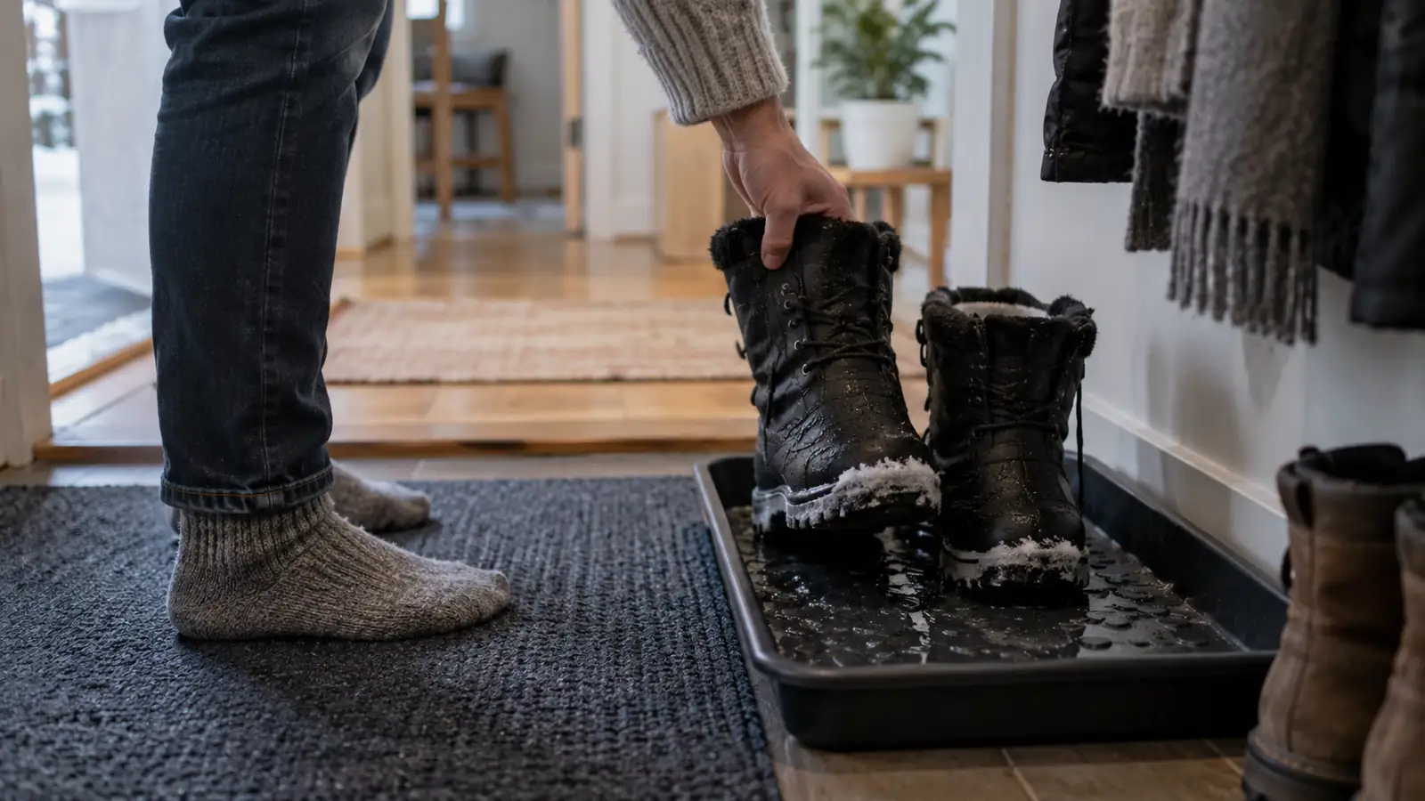 Snowy boots dripping into a shoe tray beside an entry mat.