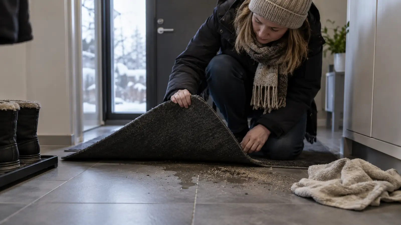A resident lifting an entry mat to find damp grit on tile beneath it.