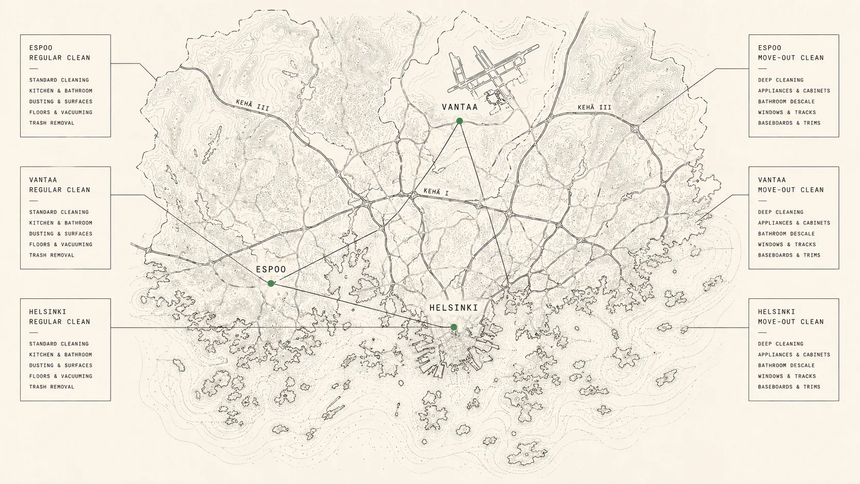 Hand-drawn topographic map of the Helsinki metropolitan service area showing Helsinki, Espoo and Vantaa city pins for Novah cleaning service routes.